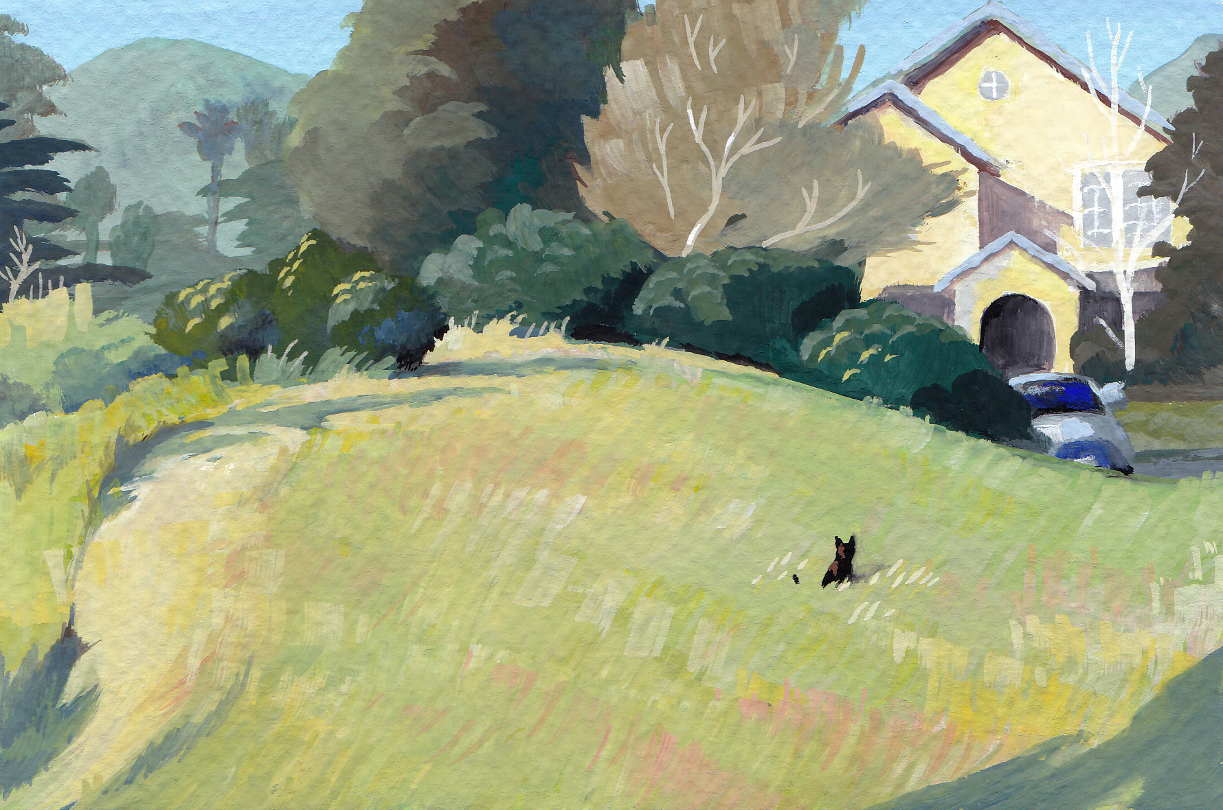 Plein Air Gouache Painting Cat In Field Veronica Kosowski